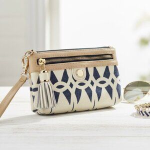Spartina 449 Daufuskie Island Wristlet Canvas Leather Trim Purse Natural Linen
